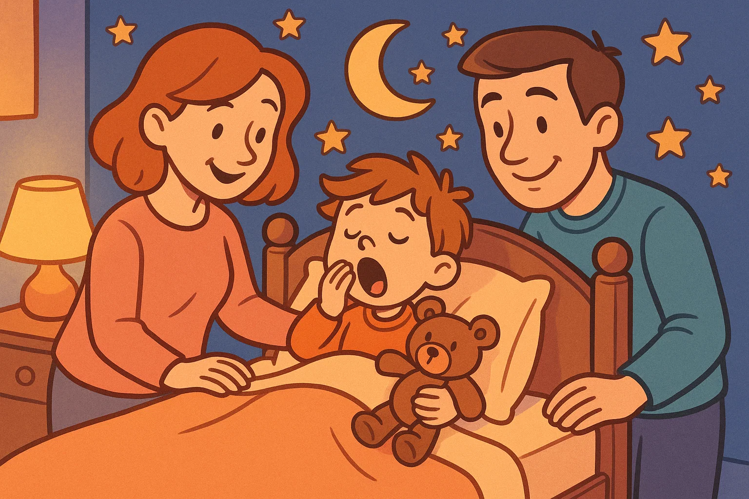 Calm kids at bedtime cartoon with parents helping a sleepy child relax before sleep.