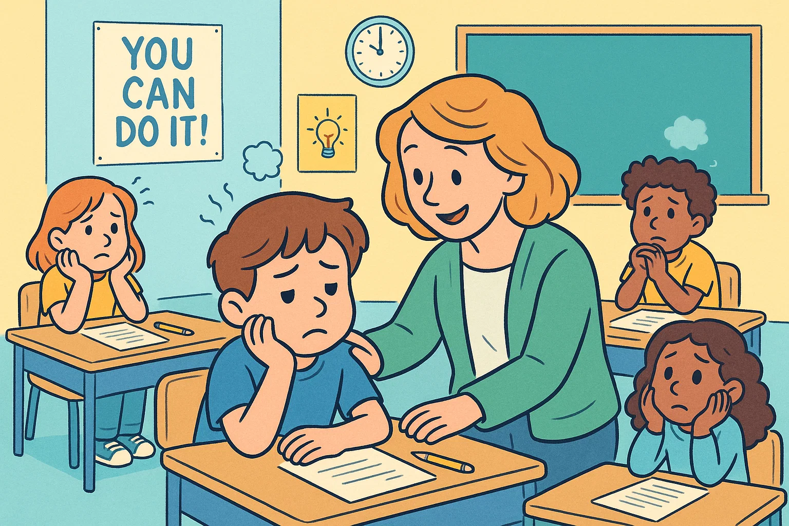 Cartoon of kids before exam as teacher helps them feel calm and reduce stress.