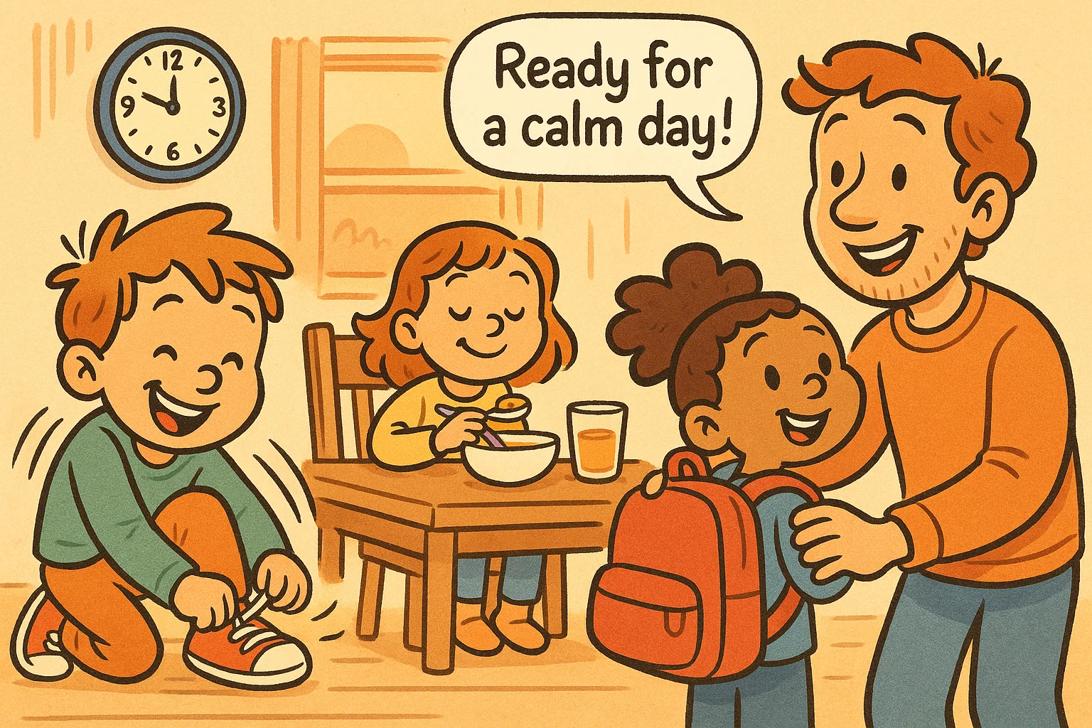 Cheerful cartoon of calm kids before school with a parent helping during morning routine.