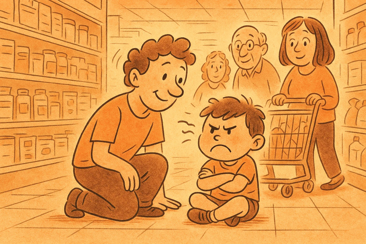 Parent calming child in supermarket during tantrum with calm voice and empathy.