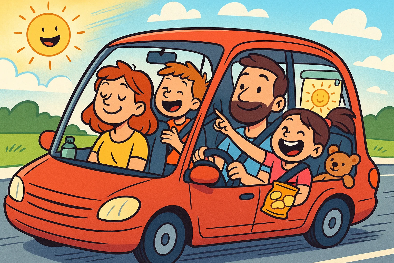 Playful cartoon family in the car enjoying calm travel with happy kids.