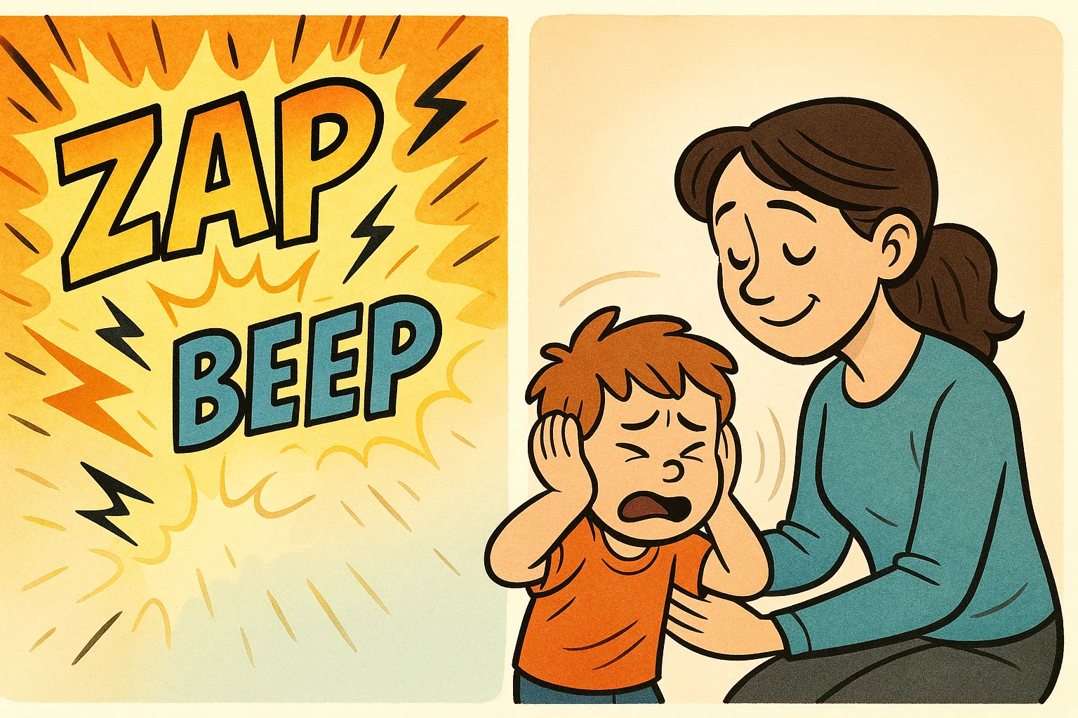 Cartoon of calm kids and parent after overstimulation with gentle pastel background.