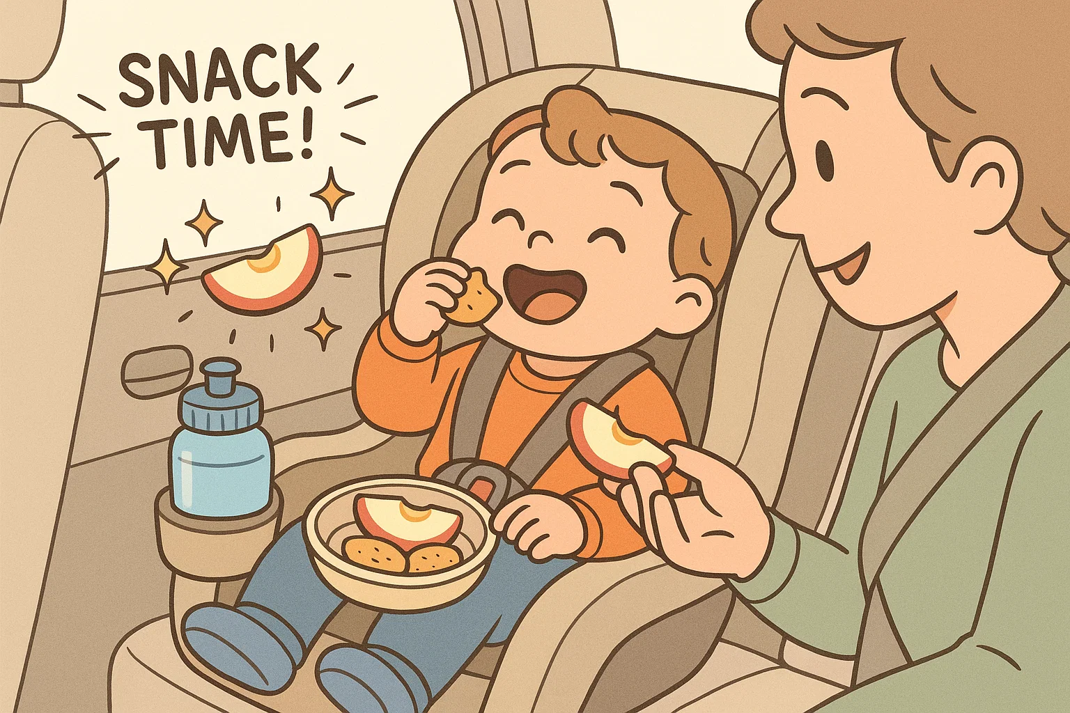 Cartoon toddler eating snacks calmly in car seat during travel.