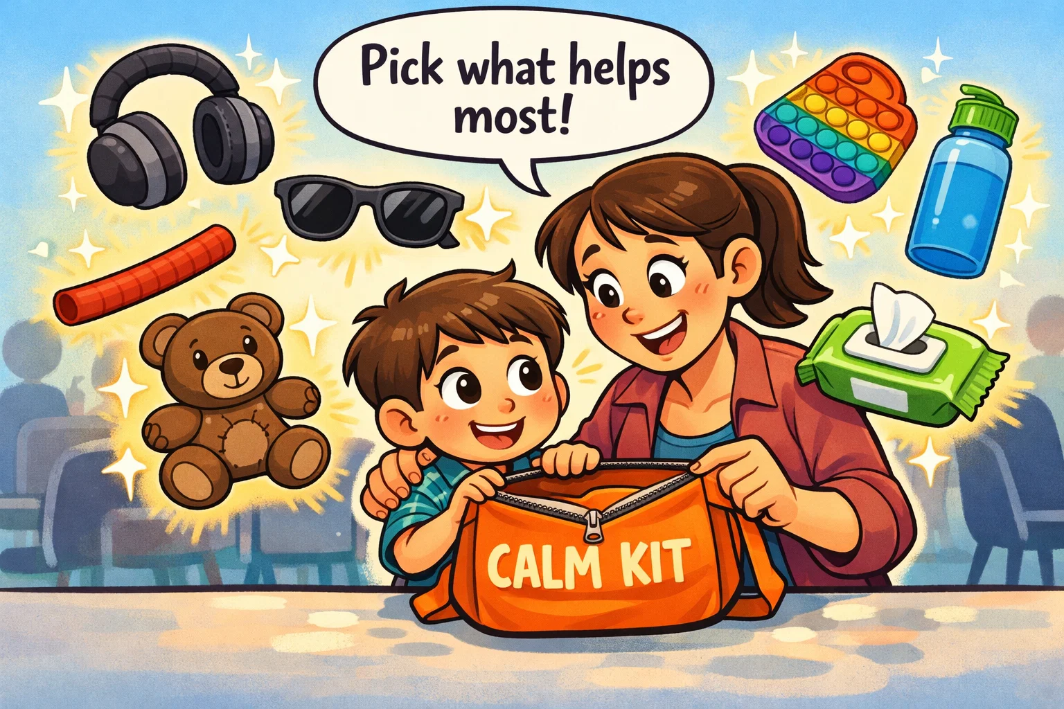 Calm kit with sensory tools for kids feeling overwhelmed in public spaces, including headphones and fidgets.
