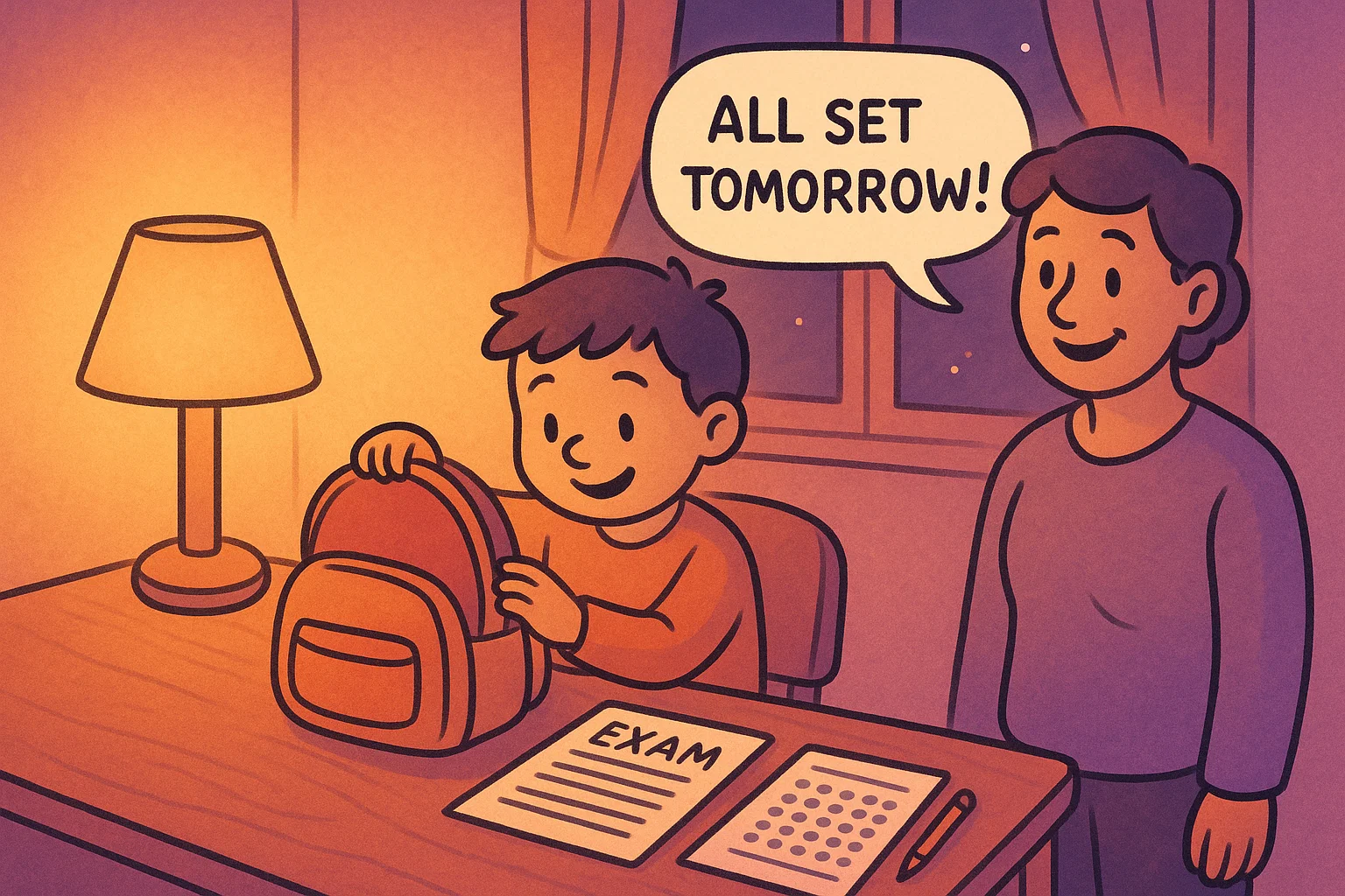 Cartoon of child preparing bag and relaxing on calm night before exam.
