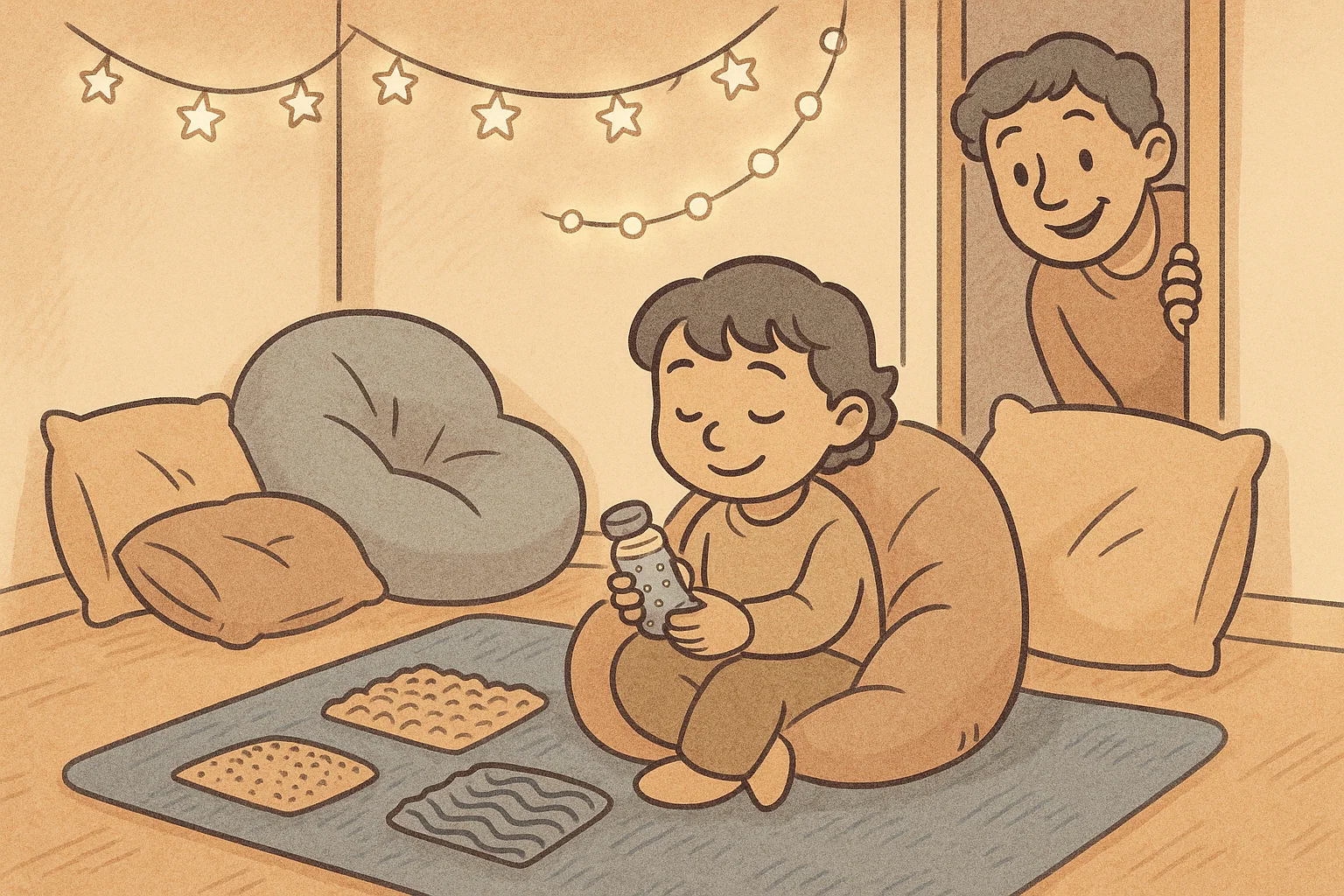 Child relaxing in a cozy calm sensory space with soft lights and textures.