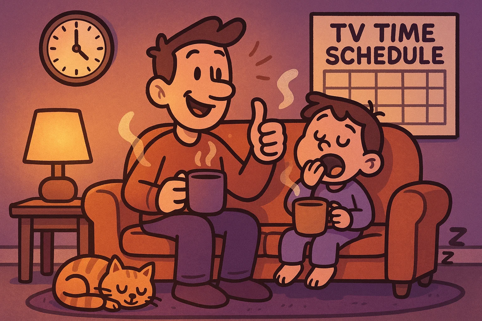 Tips for calm viewing routine for kids with family relaxing in cozy evening scene.