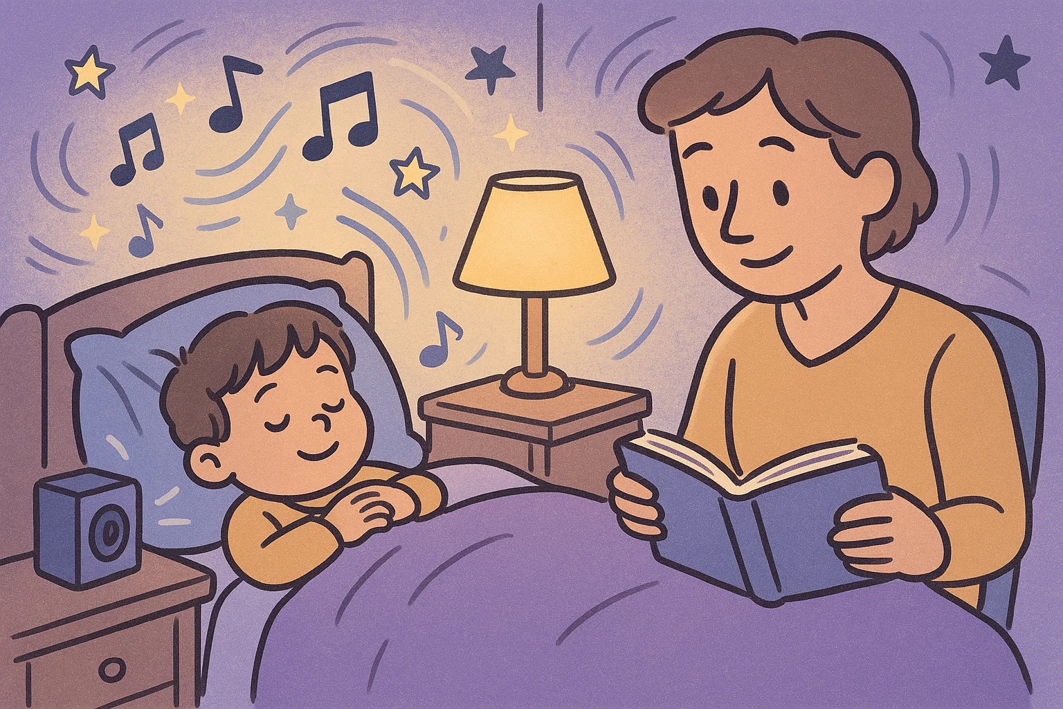 Calming activities before sleep cartoon with child relaxing to music and bedtime story.