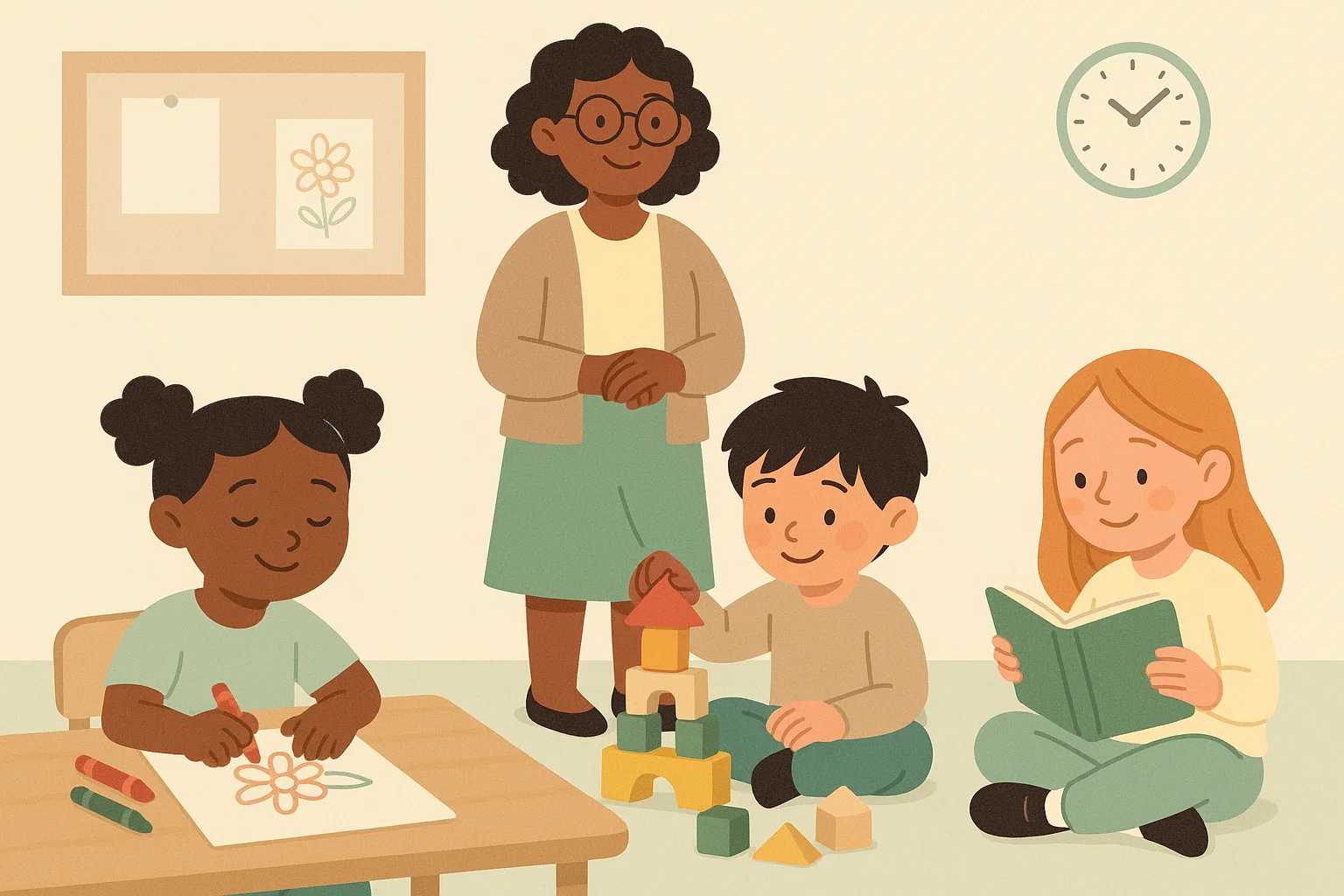 Cartoon of kids in classroom doing calming activities like reading and drawing.