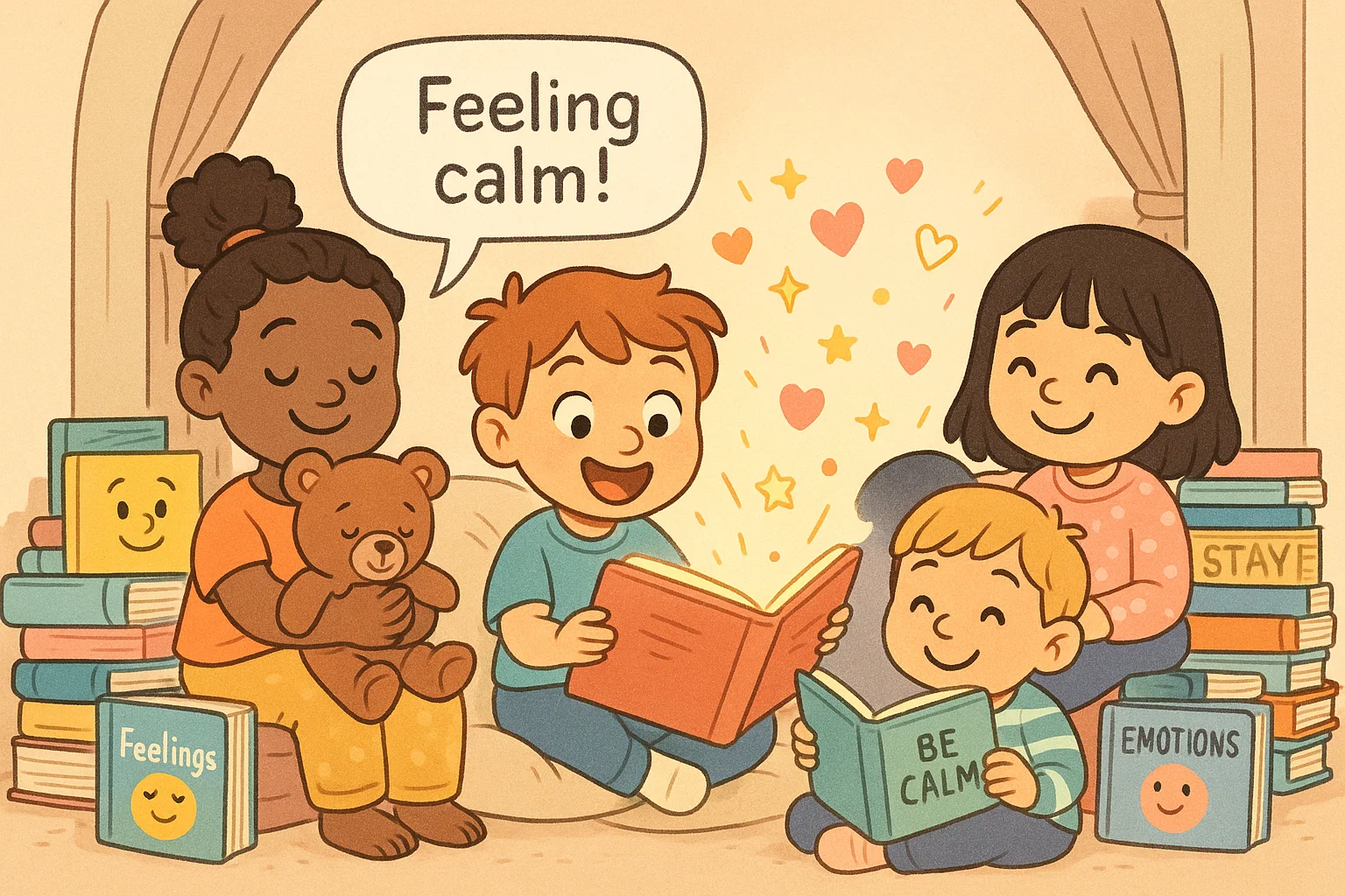 Children read calming books for kids in a cozy reading nook with a warm atmosphere.