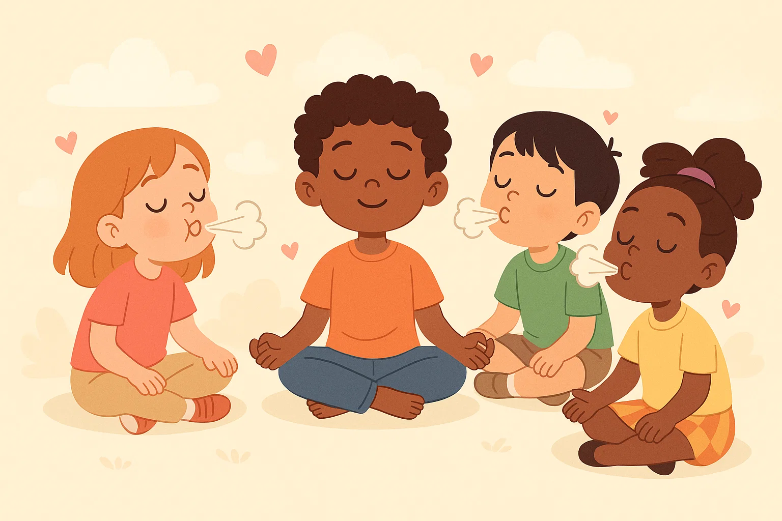 Children sitting in a circle practicing calming breathing exercises together.