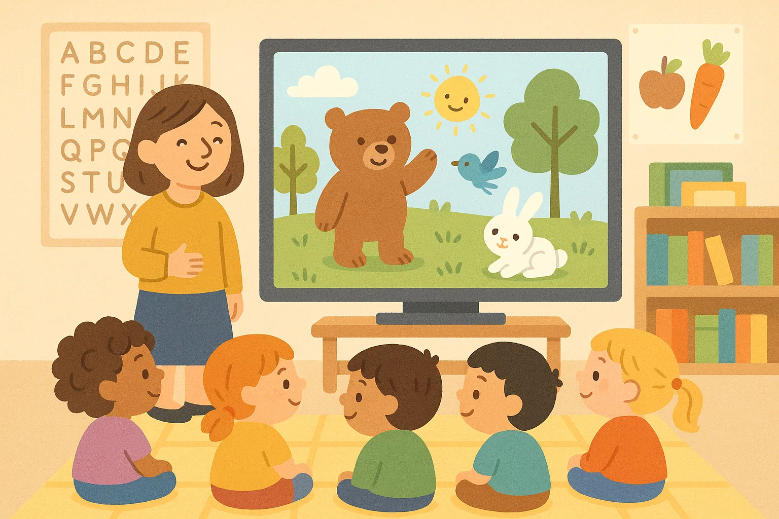 Calming cartoons for preschoolers and early learners in peaceful classroom setting.