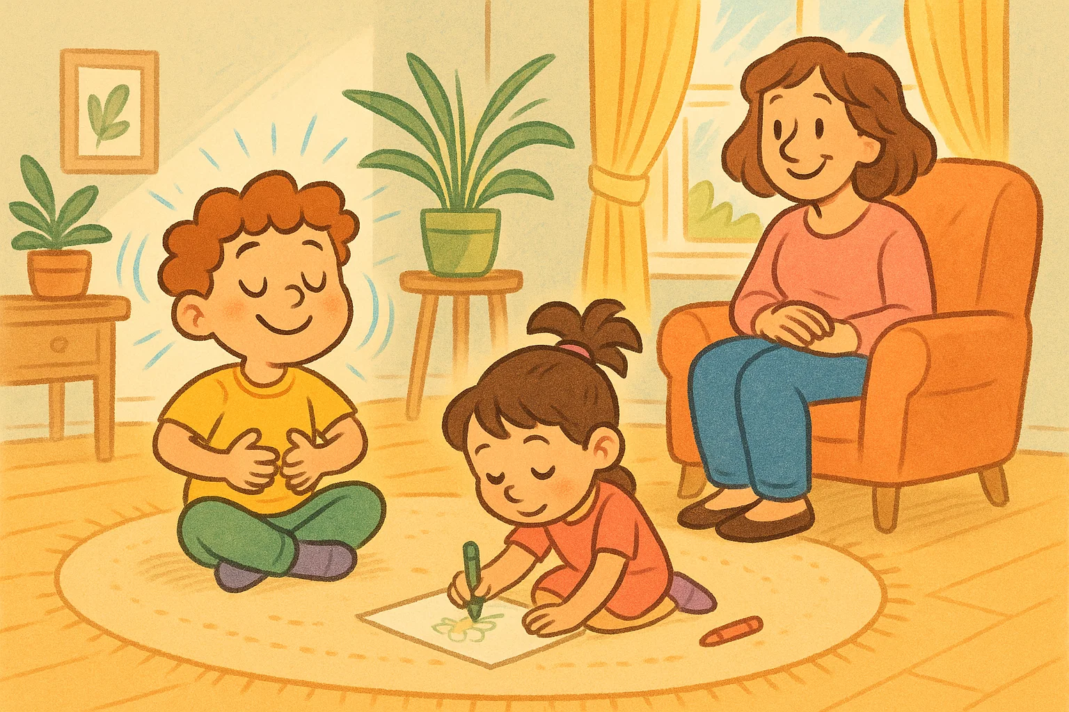 Cartoon of kids doing calming routines with a parent at home, showing peace and focus.