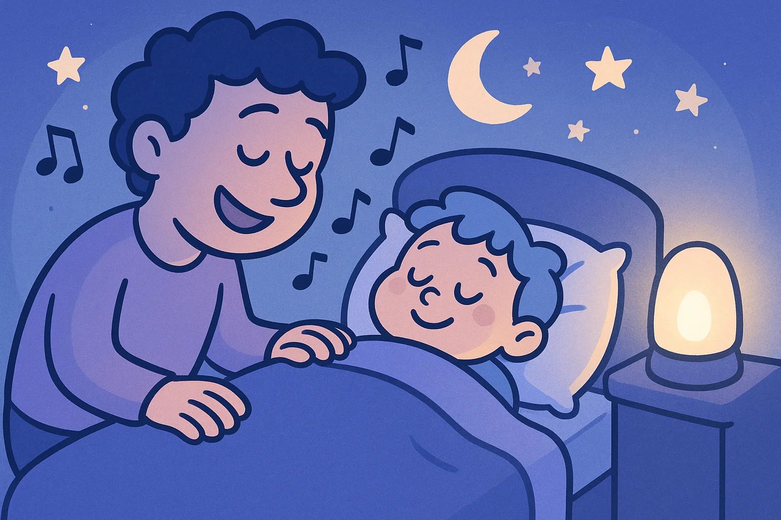 Parent singing a calming song to child at bedtime, promoting relaxation and better sleep.