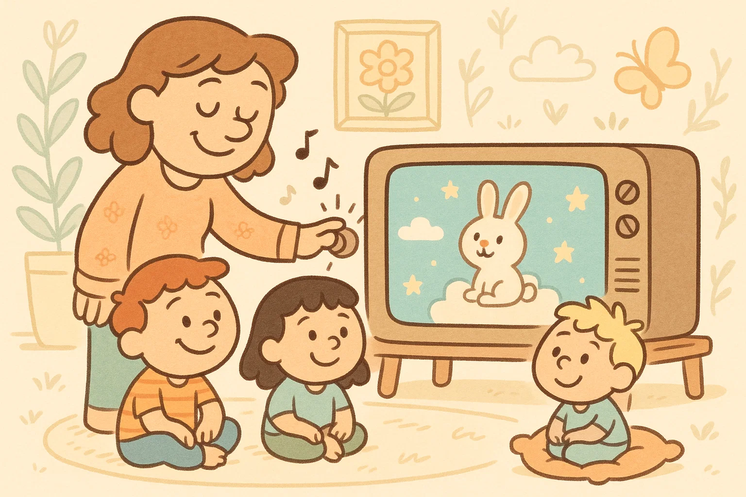 Calming TV shows for kids with relaxed home atmosphere and gentle cartoon visuals.