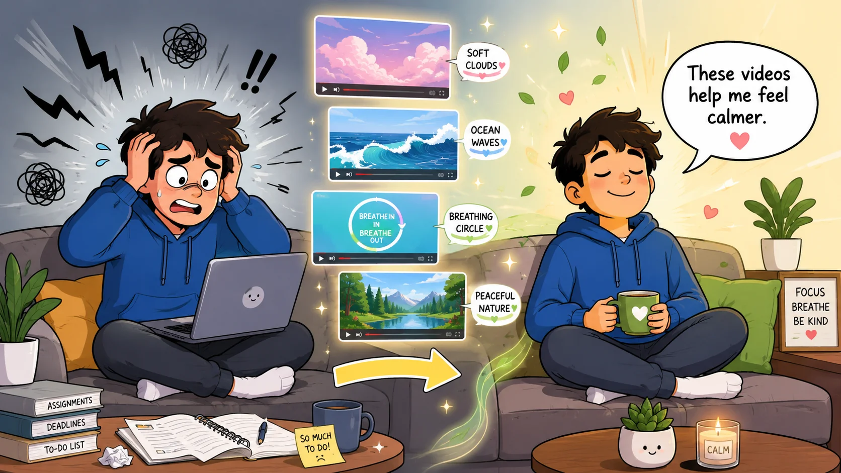 Calming videos for anxiety on laptop help young person relax.