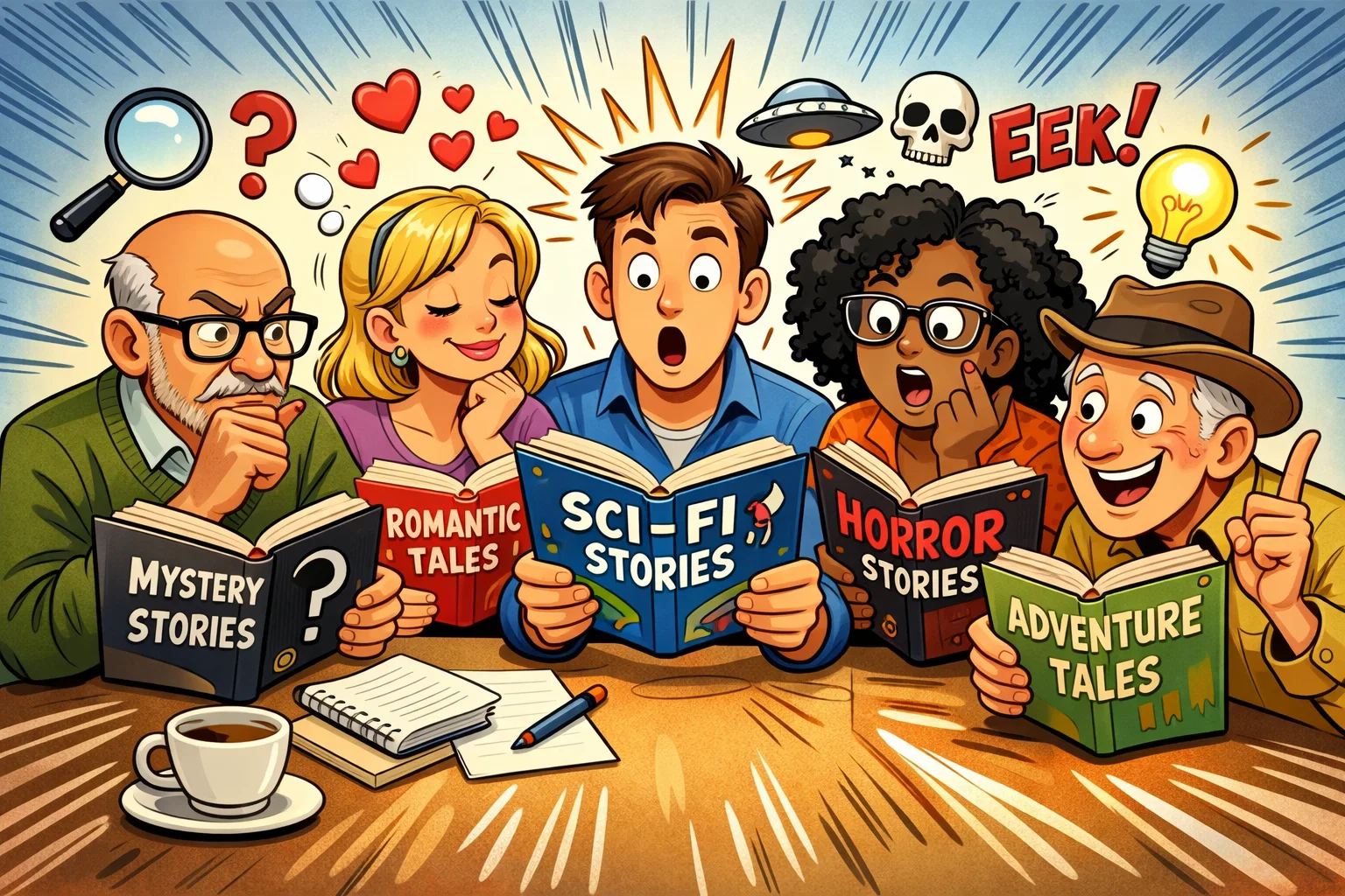 Cartoon of adults reading moral stories around a table, with expressions of thought and realization, enhanced by comic-style action lines.
