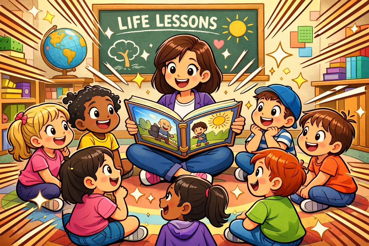 Cartoon of kids in a classroom listening to a teacher reading a storybook, showing wonder and curiosity with comic-style excitement.
