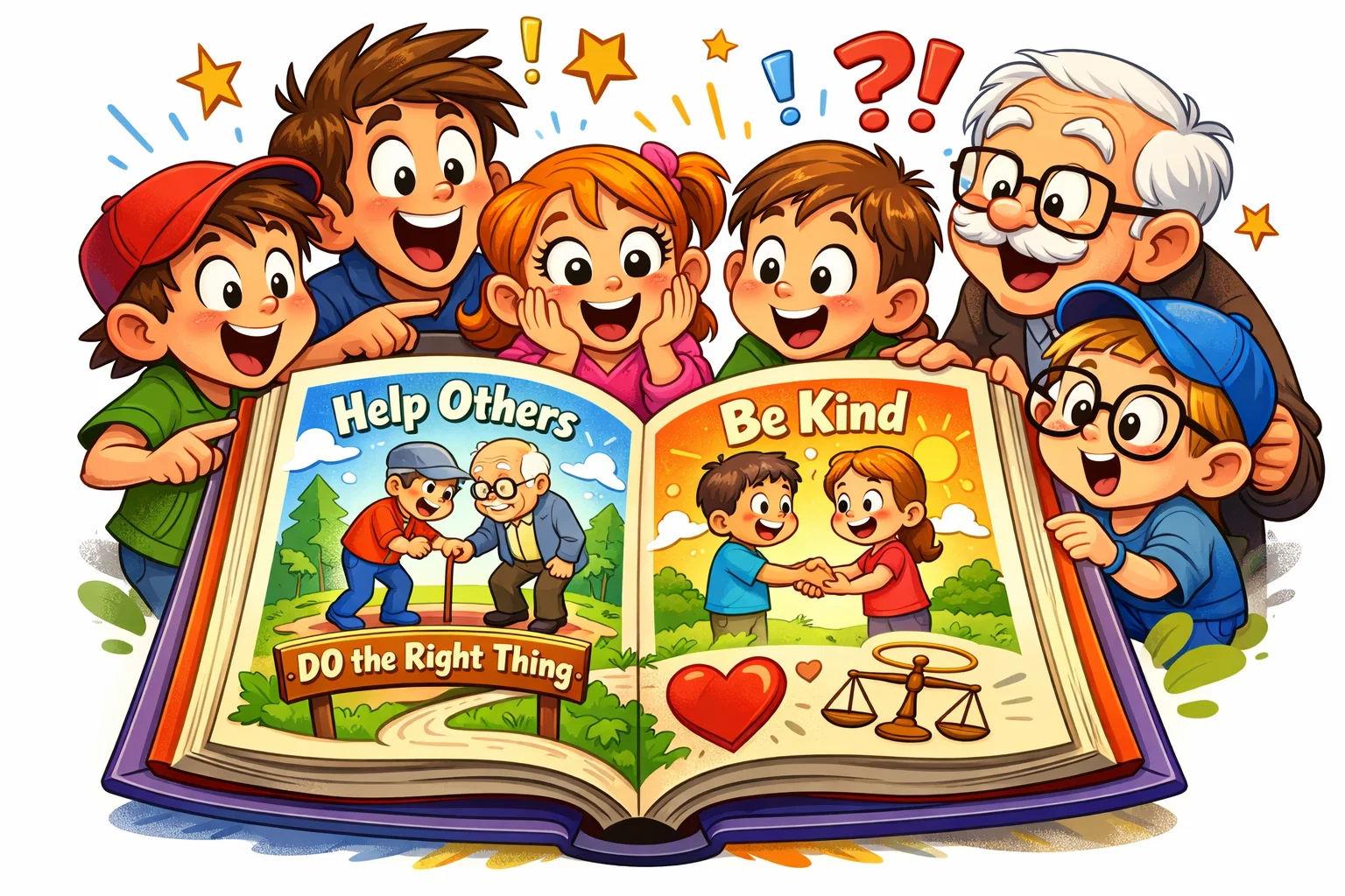 Cartoon of an open book with colorful pages and small characters of different ages, showing interest in moral lessons.
