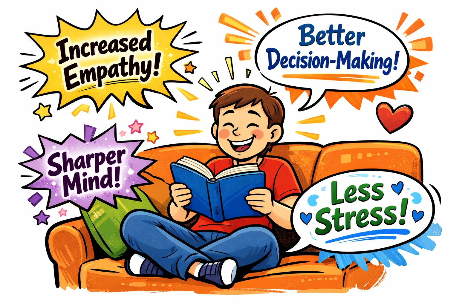 Cartoon of a person reading a book, smiling with comic-style action lines highlighting benefits like empathy and decision-making.
