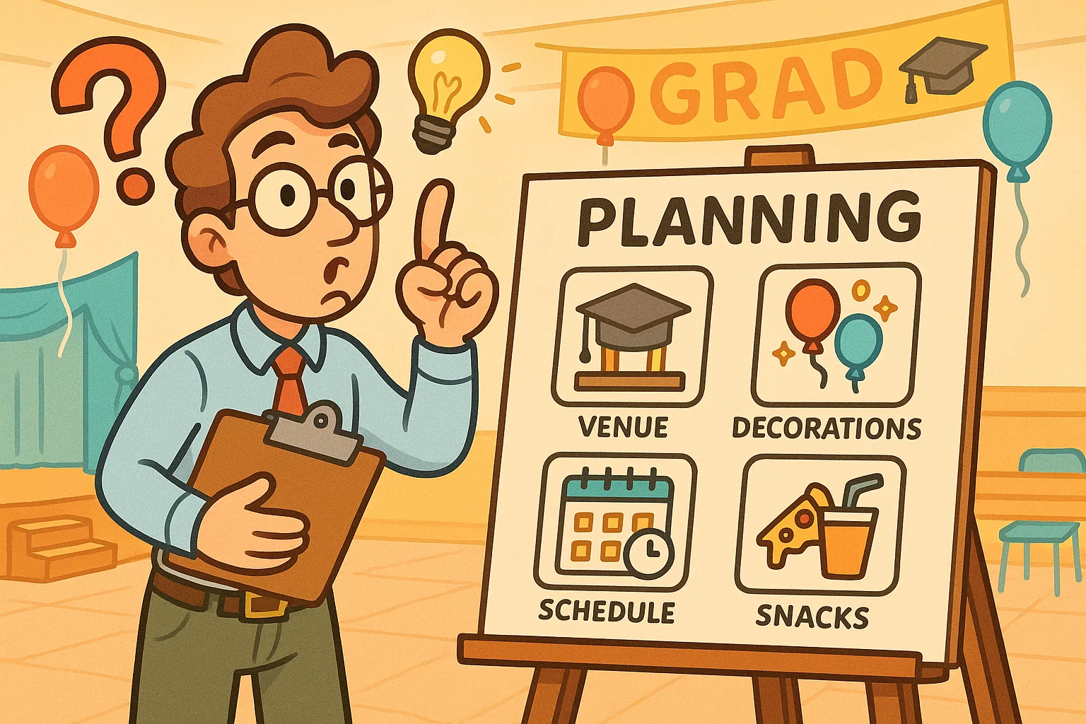 Cartoon teacher reviewing ceremony event planning tips with icons and bright elements.