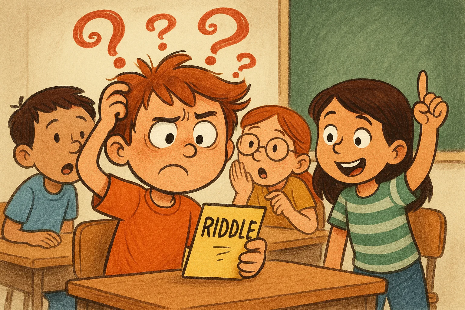 Child thinking through challenging riddles for 5 year olds in a fun cartoon scene.