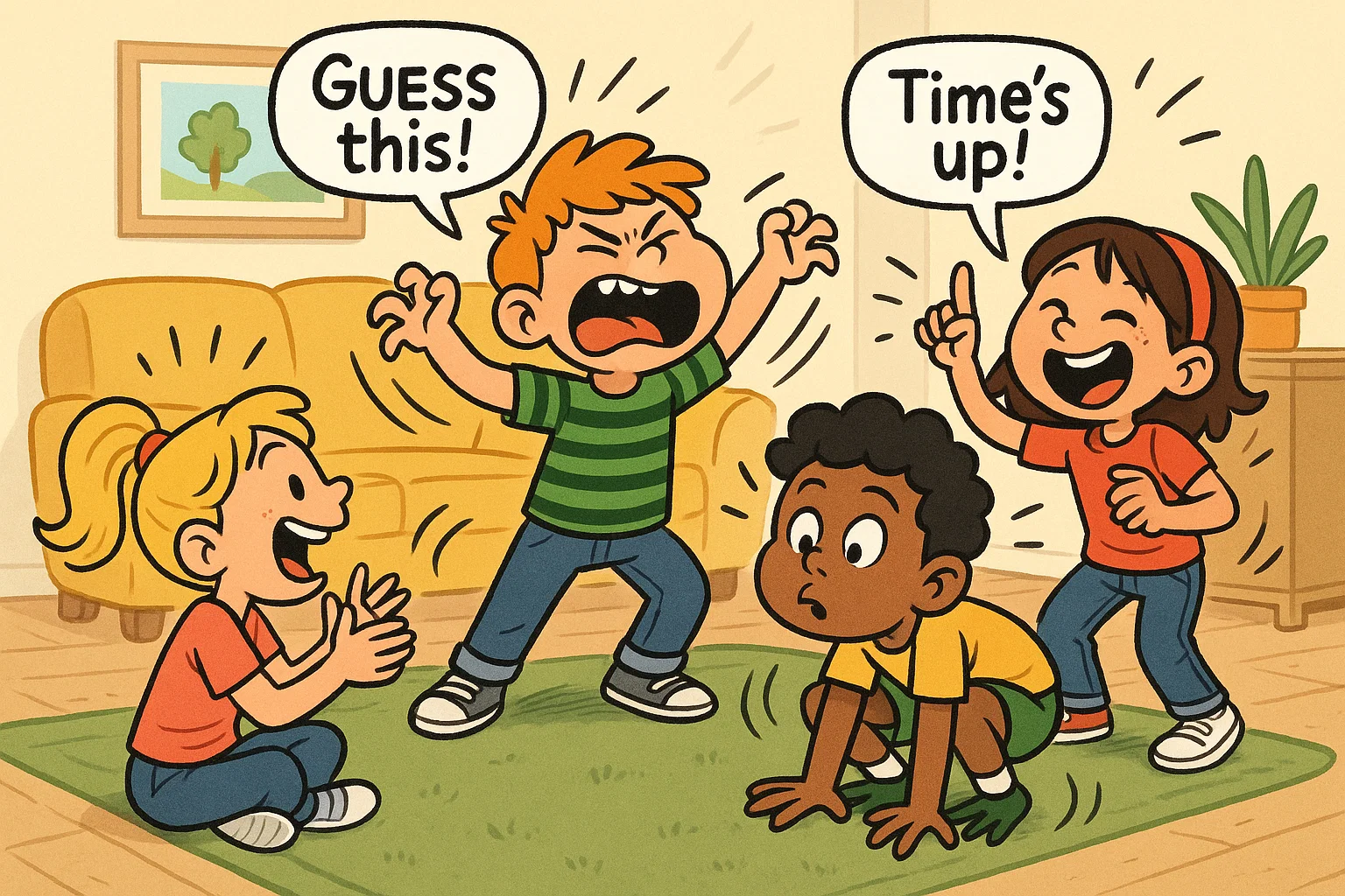 Kids playing charades acting actions with fun poses and bright expressions.