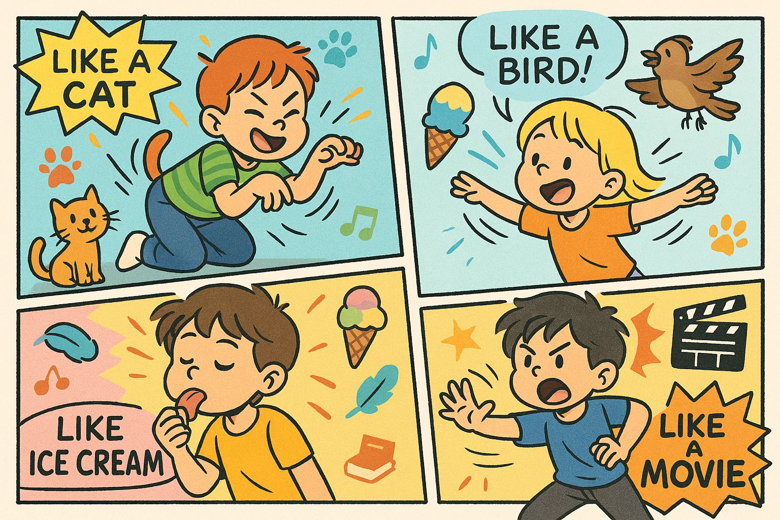 Kids acting themed charades ideas like animals foods movies in a playful scene.