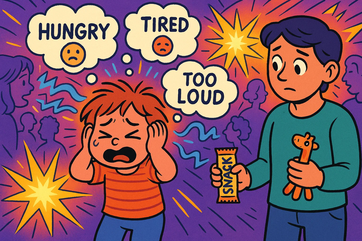 Child overwhelmed by noise and lights in crowded public place with parent nearby.