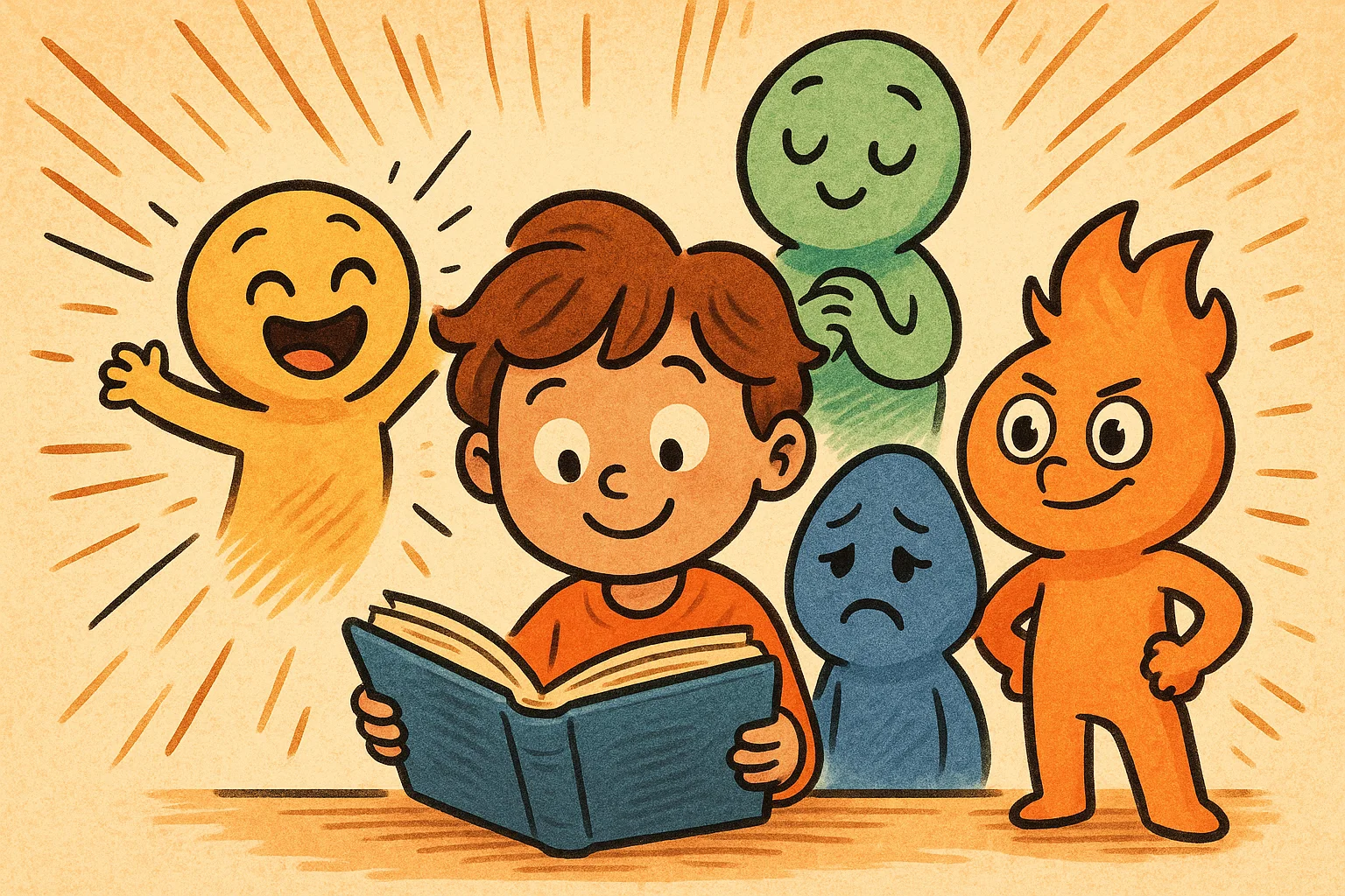 Child reads emotions book with friendly calm and joyful characters around.