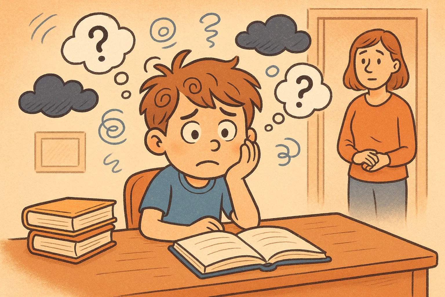 Cartoon of stressed child studying with signs of exam anxiety and support.
