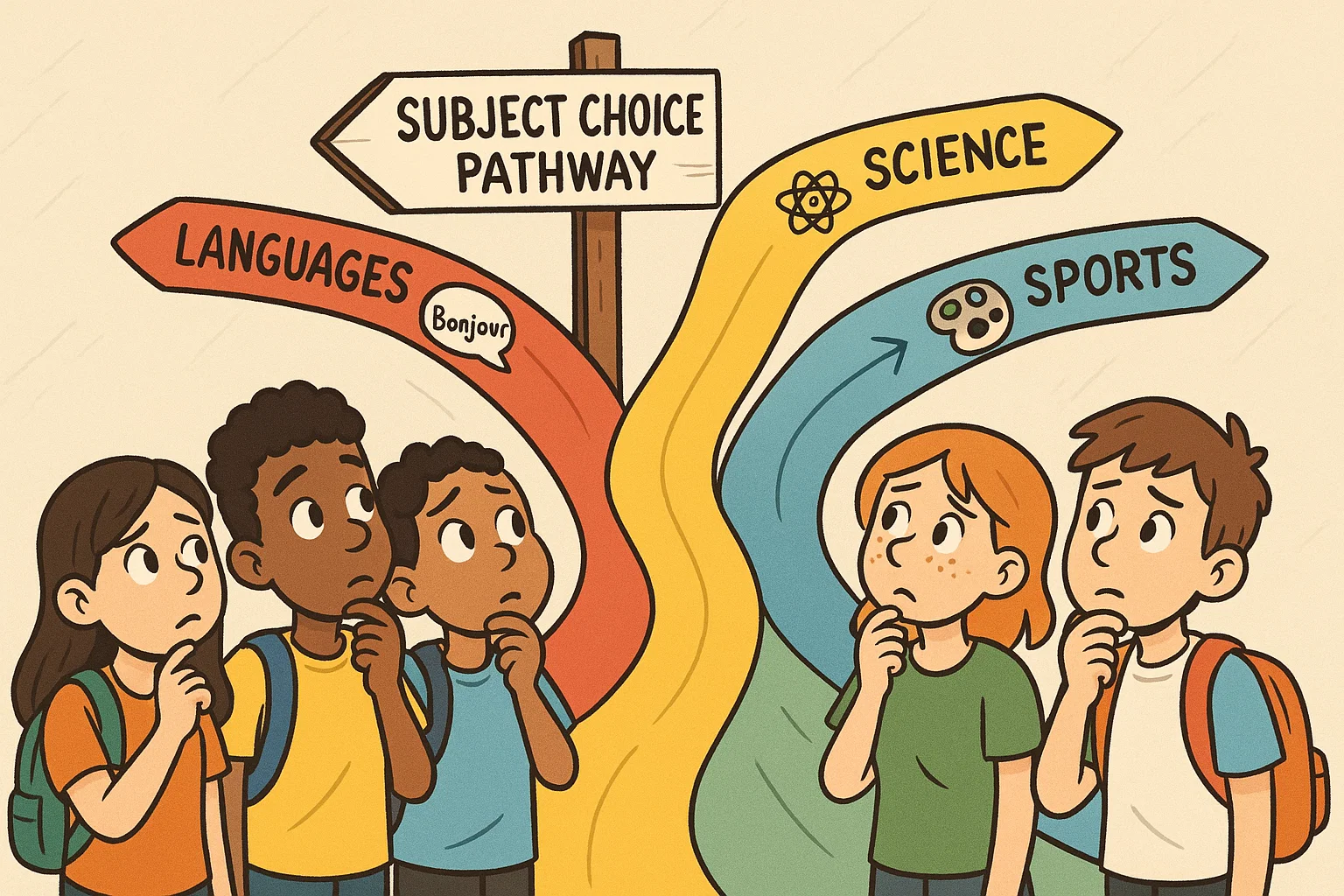 Cartoon students choosing subjects year 10 uk with multiple pathway signs.