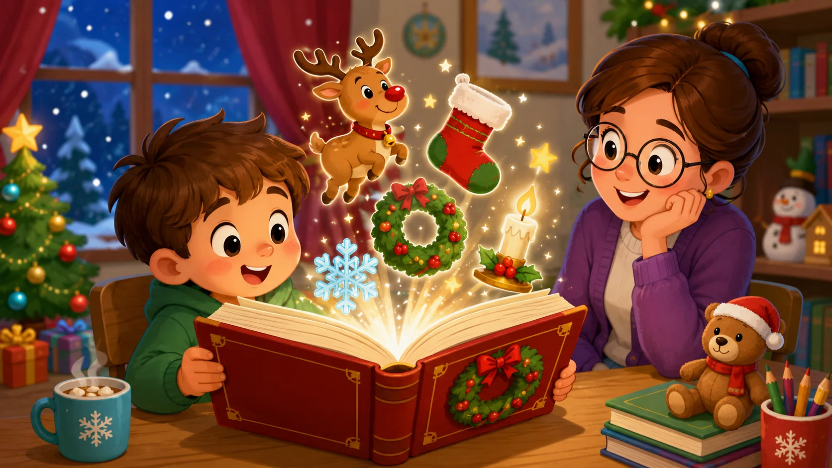 Christmas words definitions dictionary for kids with festive holiday icons.