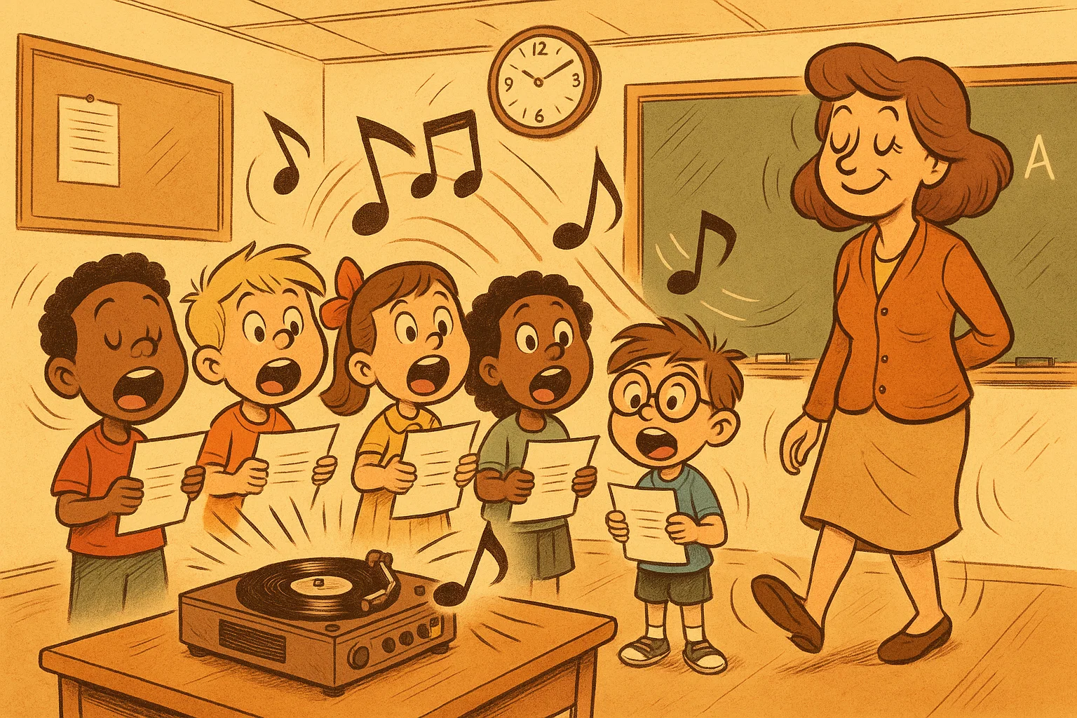 Classic kindergarten graduation songs cartoon featuring children singing familiar melodies.