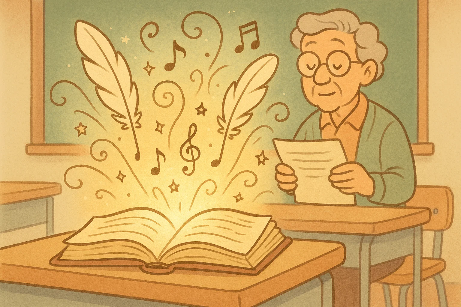 Classic short poems about teachers illustrated with an open glowing book.