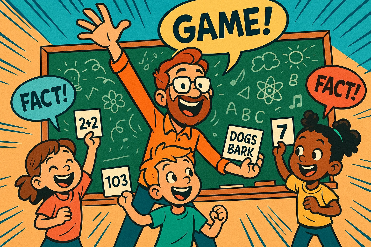Classroom activity ideas primary students cartoon with children playing learning games.