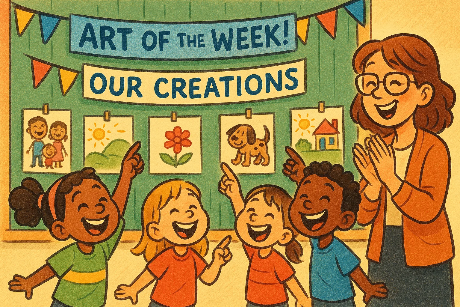 Cheerful cartoon of students showing classroom art display and sharing ideas.
