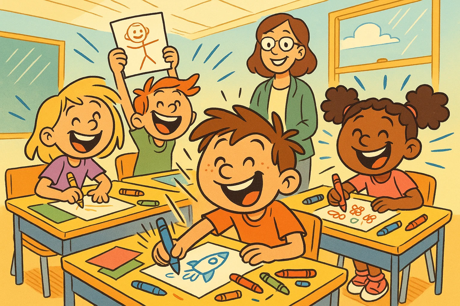 Playful cartoon of children doing easy drawing activities in a bright classroom.