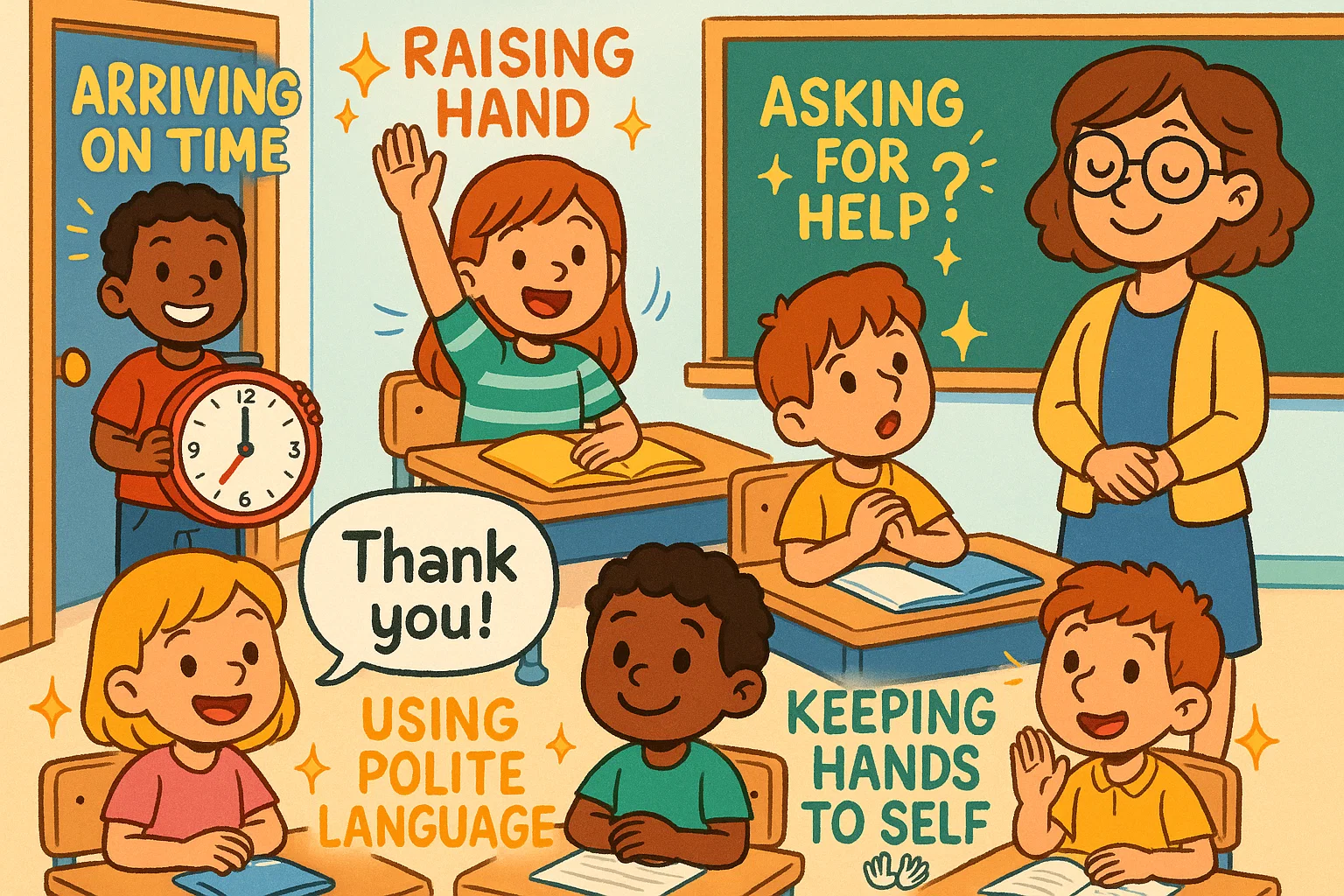 Cartoon showing classroom etiquette for students with positive classroom habits.