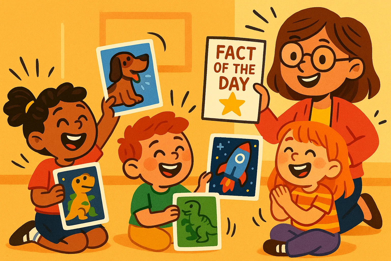 Kindergarten kids playing fun fact games with cards in a lively classroom.
