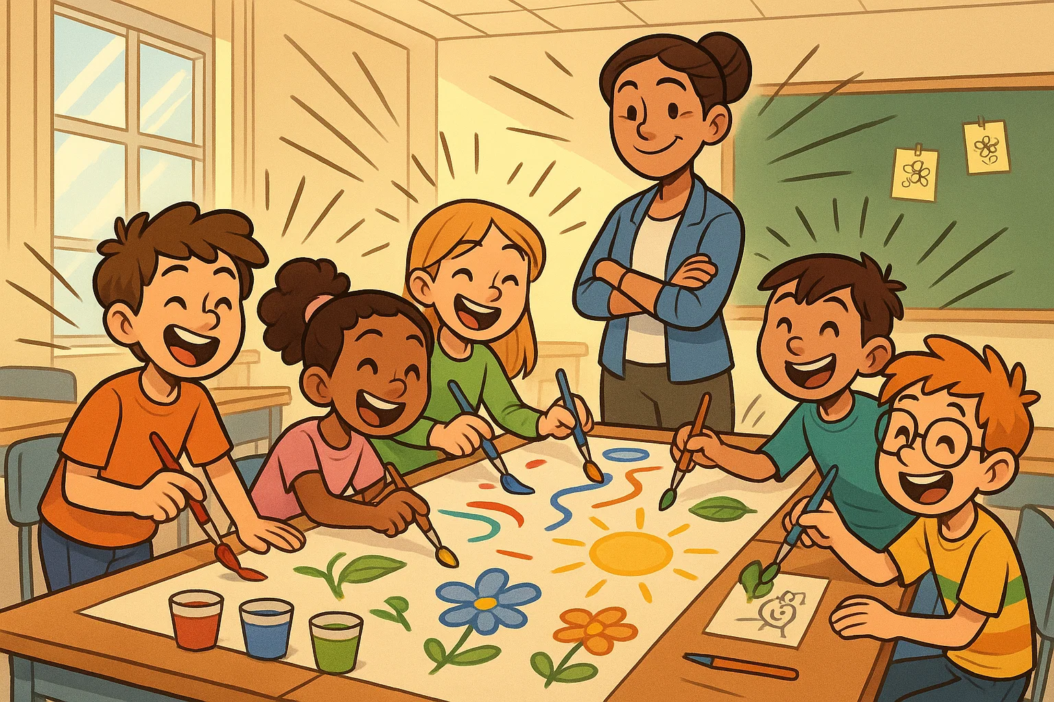 Fifth graders working together on a classroom mural drawing project.