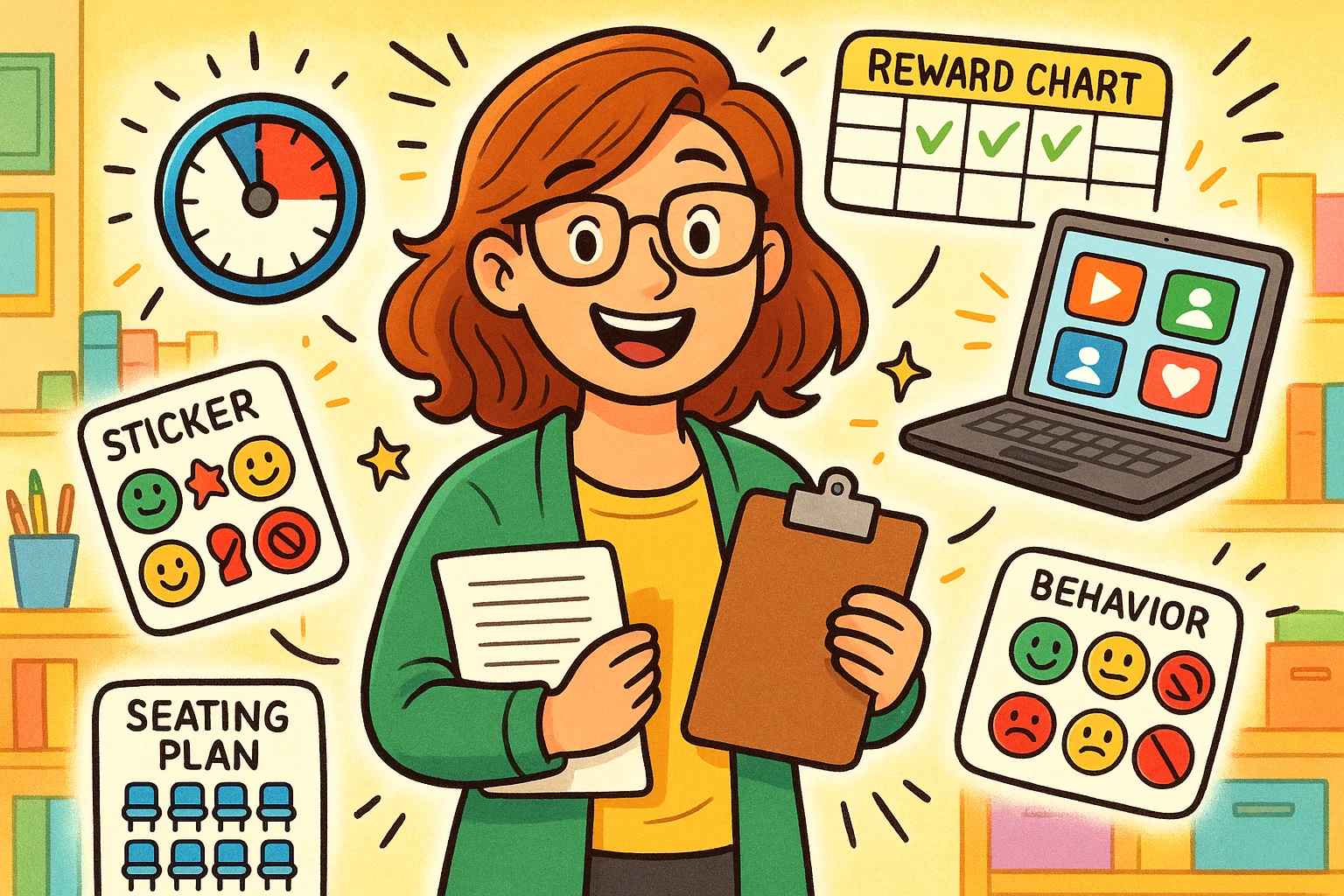 Cartoon illustration showing classroom management tools resources teachers use for lessons.