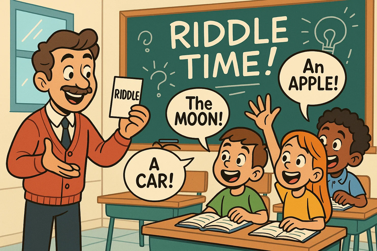  Lively teacher asking riddles while students respond eagerly during a fun class activity.
