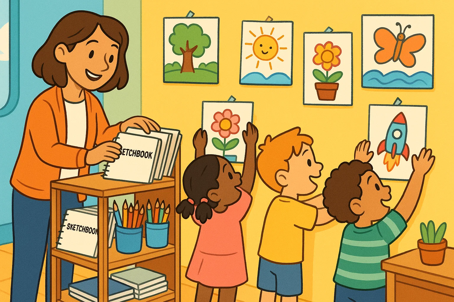 Teacher setting up grade 4 classroom art area with displayed student drawings.