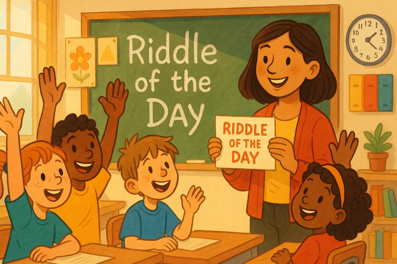 Primary students solving clever riddles in classroom with teacher and blackboard.