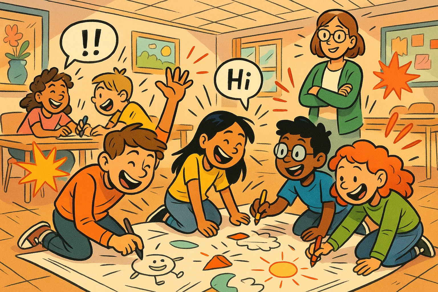 Cartoon of children doing collaborative drawing activities in small creative groups.
