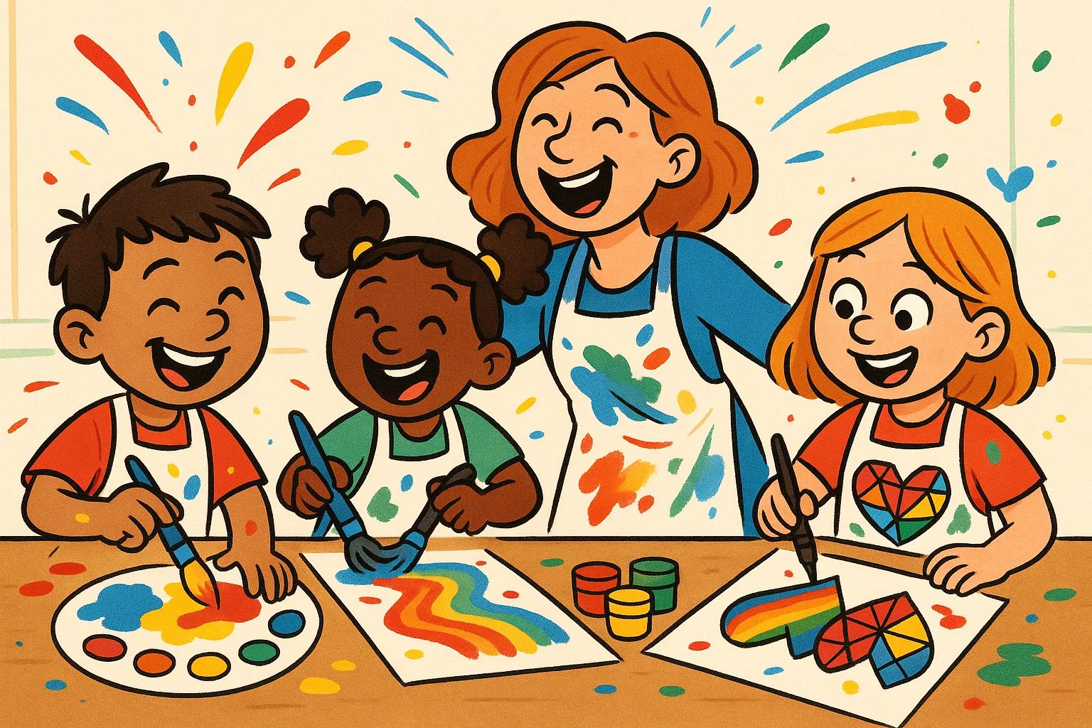 Sixth graders experiment with colors and geometric patterns in art class.