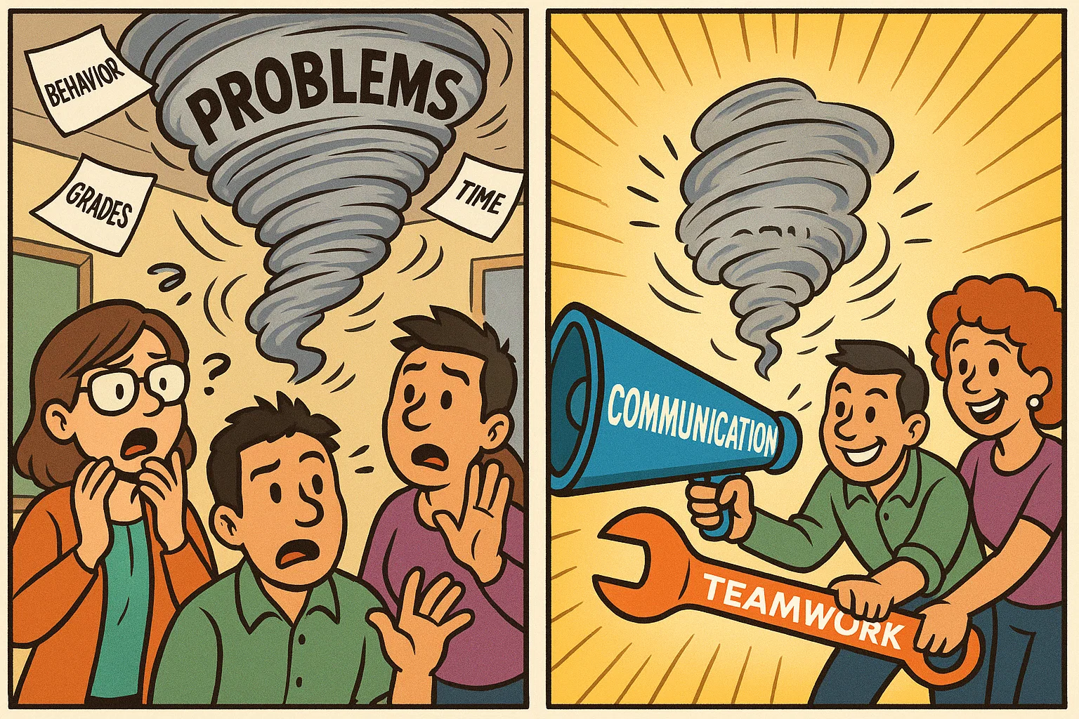 Cartoon of parents and teacher overcoming common challenges in parent teacher meeting. 