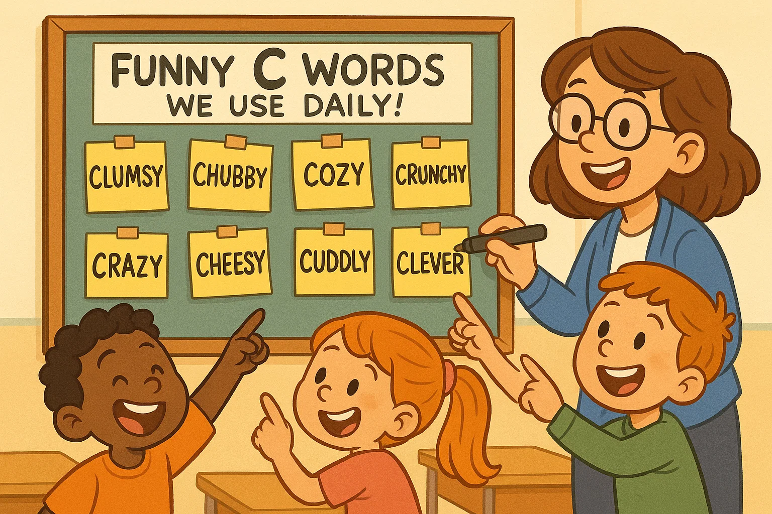 Kids read common funny c words on a colorful classroom bulletin board.