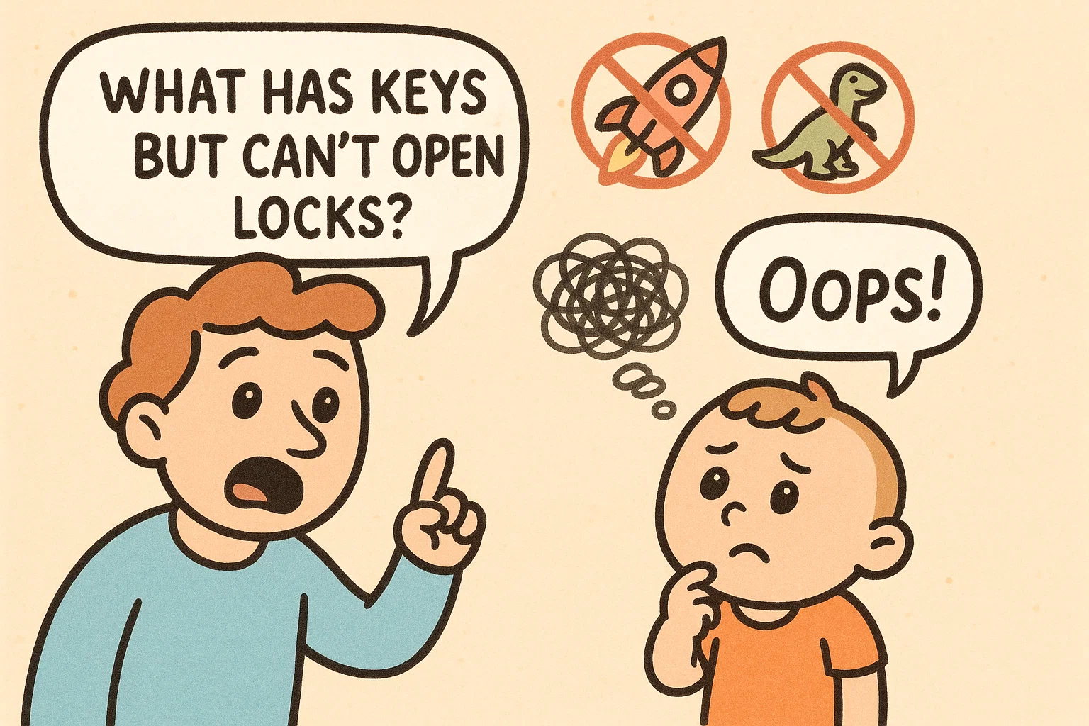 Parent asking complicated riddle while toddler looks confused in cartoon style.